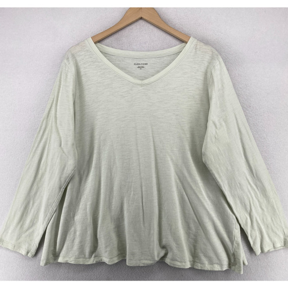 Eileen Fisher Tops - EILEEN FISHER Top 2X Slub Organic Cotton Jersey V-Neck Long Sleeve Light Green